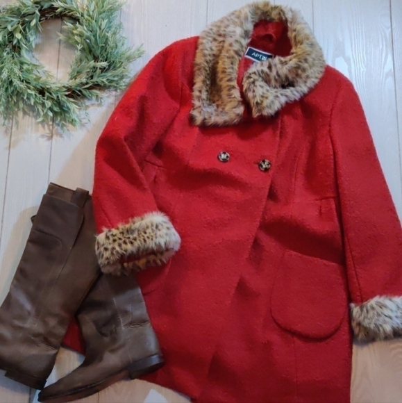 Apt 9 Wool Blend Rust Pea Coat Faux Fur Trim Women's 1X Plus Size Elegant EUC - Picture 3 of 16